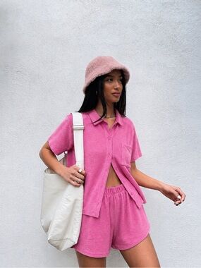 Hollister Pink Terry Cloth Set Oversized Shirt L Shorts S Coquette